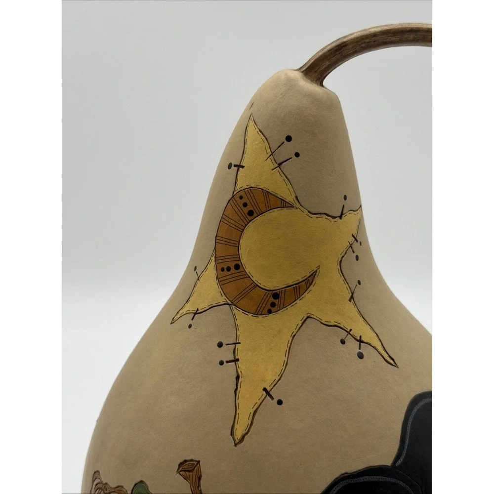 Primitive Hand Painted OOAK By Folk Artist Fall Gourd Crow Pumpkins
